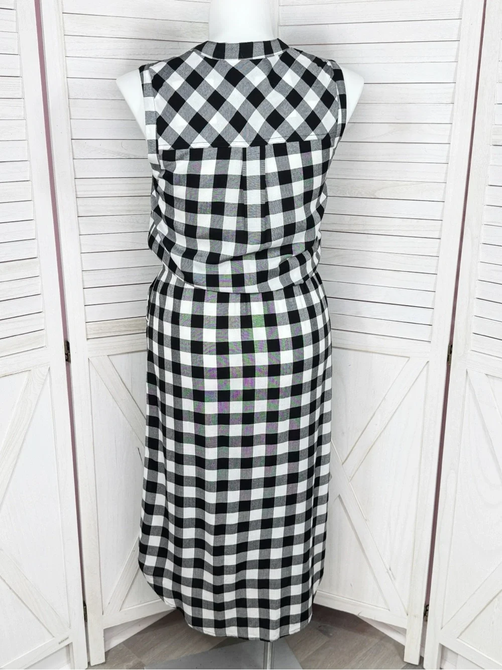 Banana‎ Republic Buffalo Check Sleeveless Cinch Waist Shirt Dress Black White 12